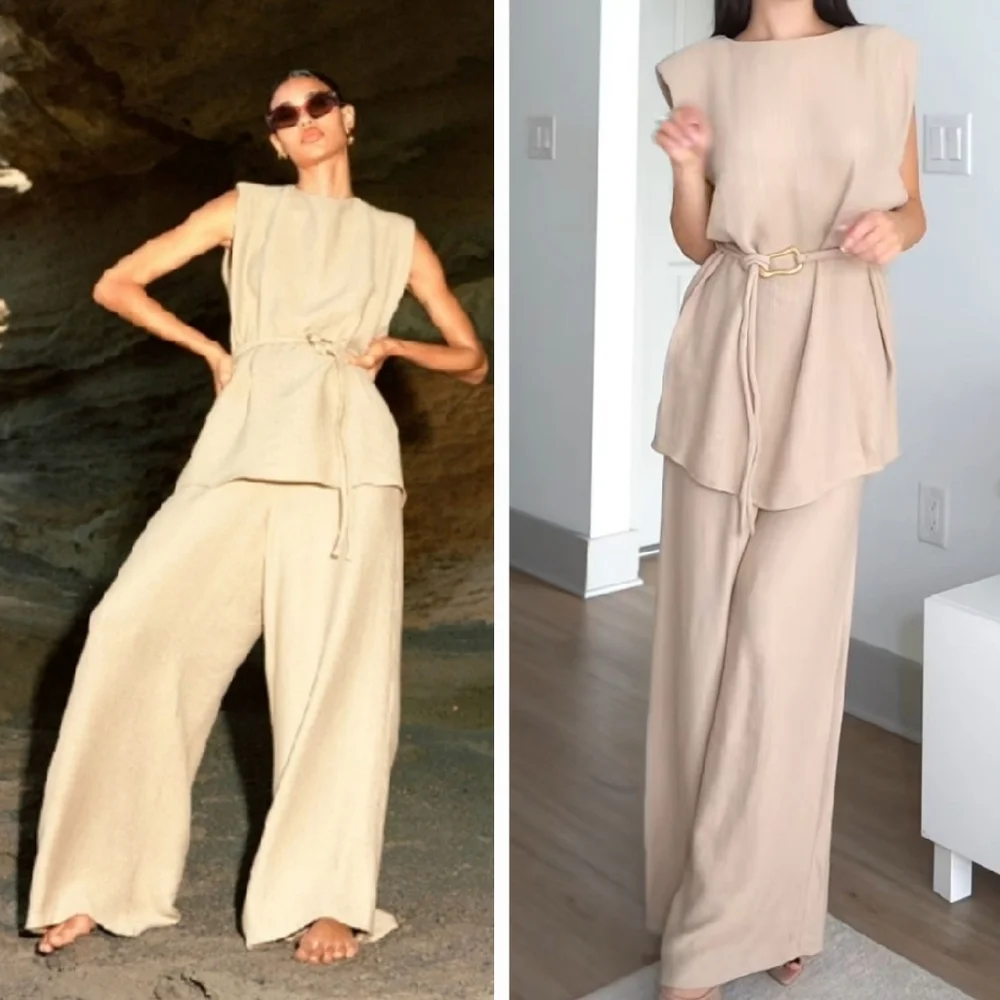 Zara Set 2 Pc belted Top and Wide Pants Size S